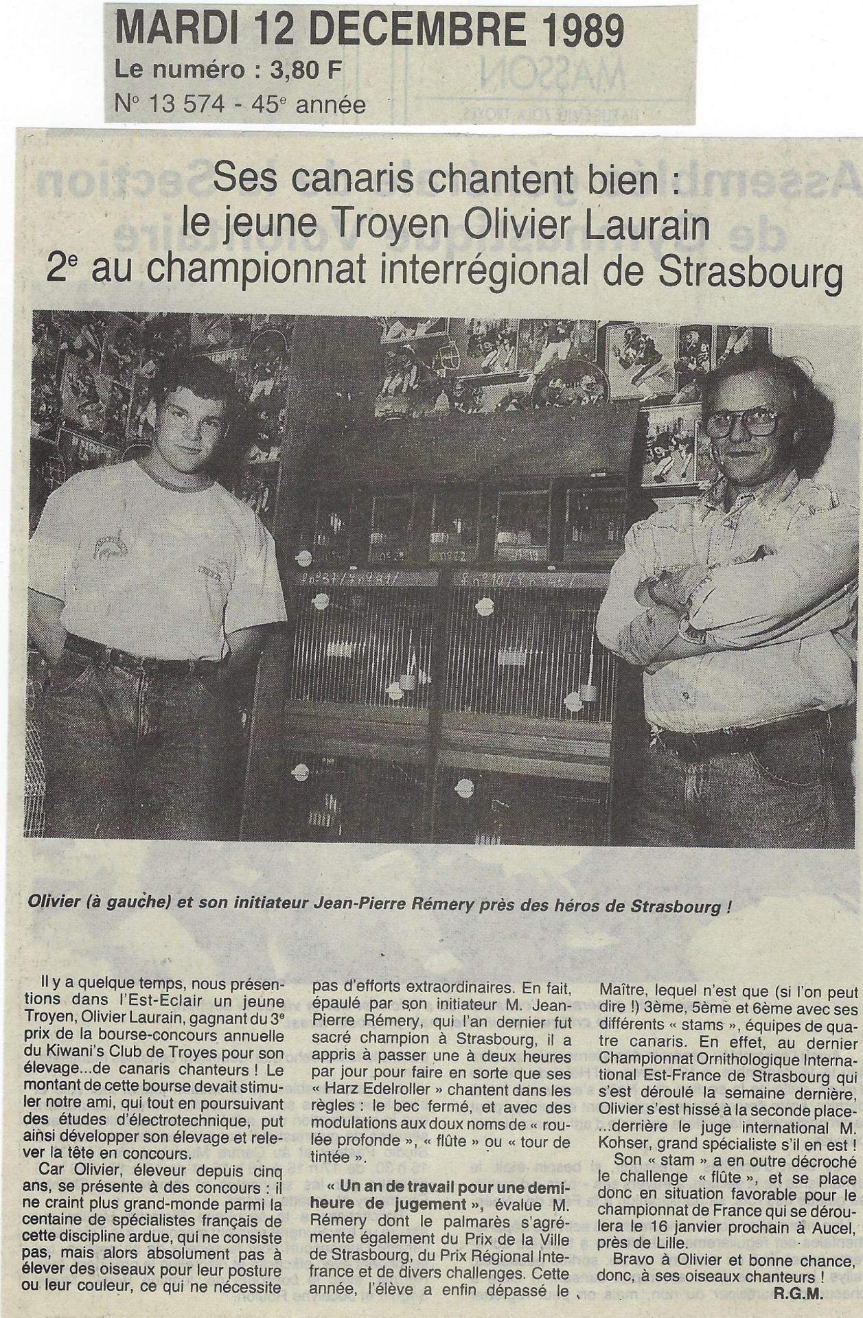 Article de presse du 12 decembre 1989 sur l est eclair olivier 2eme a strasbourg